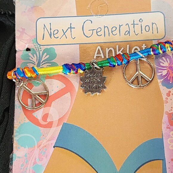Novelty Inc Next Generation Silver Tone Peace Sun Symbols on Yarn Ankle Bracelet - Picture 12 of 16